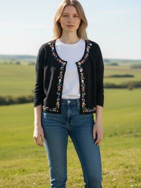 Vintage Whimsy Button Embellished Cardigan Sweater Size Petite Large Black